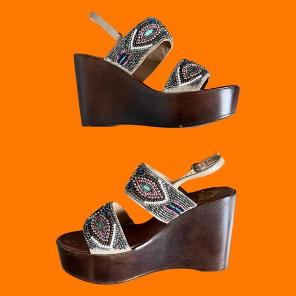 00's vintage faux wooden boho beaded y2k platform wedges Size 6 fergalicious - Picture 2 of 8